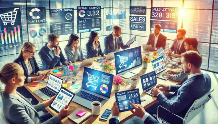 Business team comparing eCommerce platform dashboards on multiple devices.