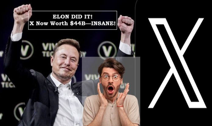 Elon Musk celebrates as X reaches a $44 billion valuation, with a shocked reaction overlay.
