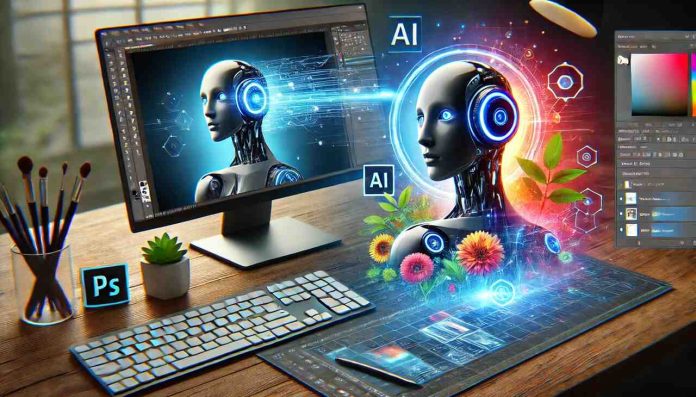 AI-powered image editing transforming a photo with real-time enhancements, alongside traditional Photoshop tools.