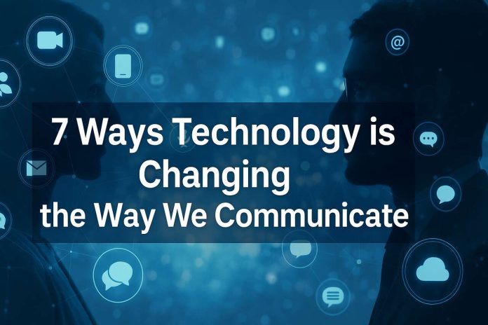Silhouettes with digital communication icons symbolizing tech-driven communication changes.