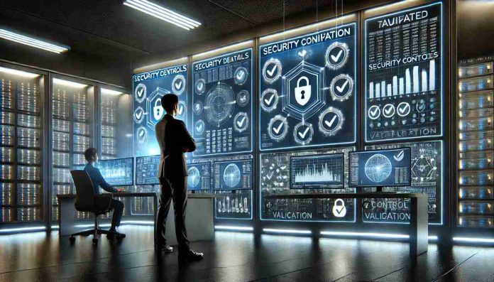Cybersecurity professionals reviewing validated security controls on high-tech data monitors.
