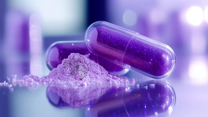 AI-powered purple health supplement capsules on a reflective surface.
