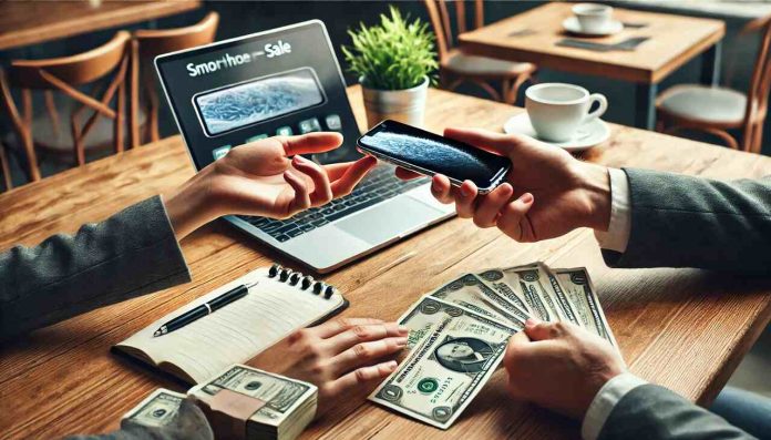 Hands exchanging an iPhone for cash at a tidy coffee shop table with a laptop and notepad.