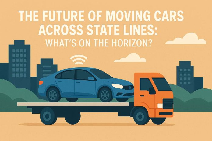 Autonomous car on a flatbed truck crossing state lines with futuristic background.