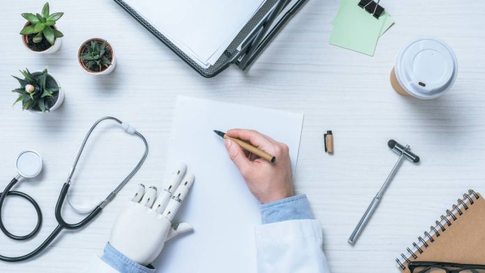 Doctor and AI robotic hand writing together at a medical desk.