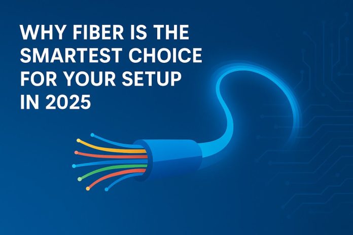 Fiber-optic cable emitting light trails for 2025 tech setup.