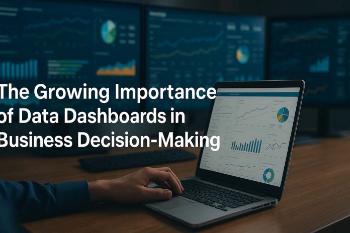 Person using a laptop with data dashboards and charts on screen in a business setting.