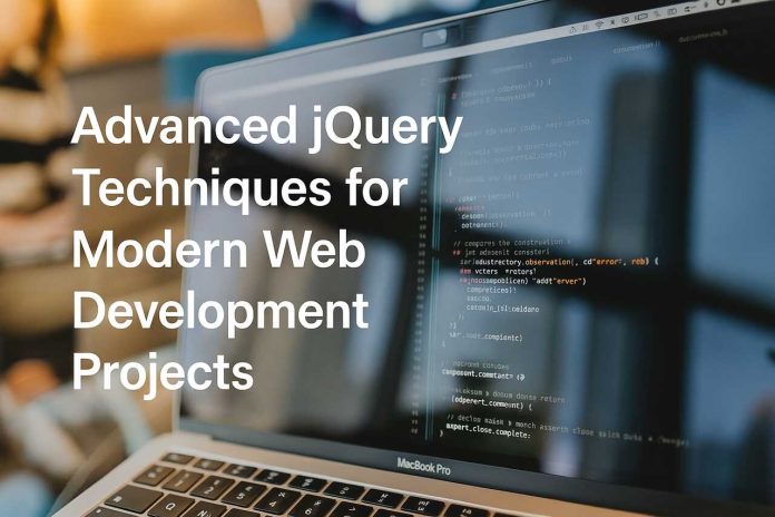 Laptop screen with jQuery code in a modern web development environment.