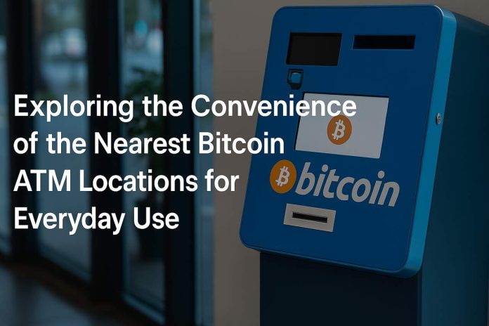 Blue Bitcoin ATM near a glass entrance in a modern building.
