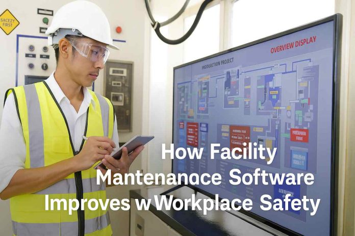 Technician using tablet in front of control panel for facility safety.