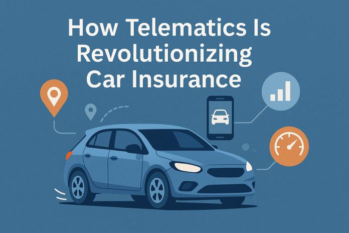 Car with telematics icons showing GPS, speed, and smartphone connectivity.