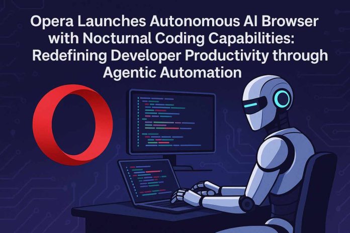 Robot coding on laptop and monitor beside Opera logo at night.