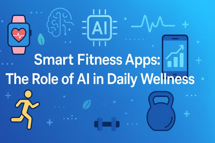 AI-powered fitness app icons with health and workout symbols on a blue background.