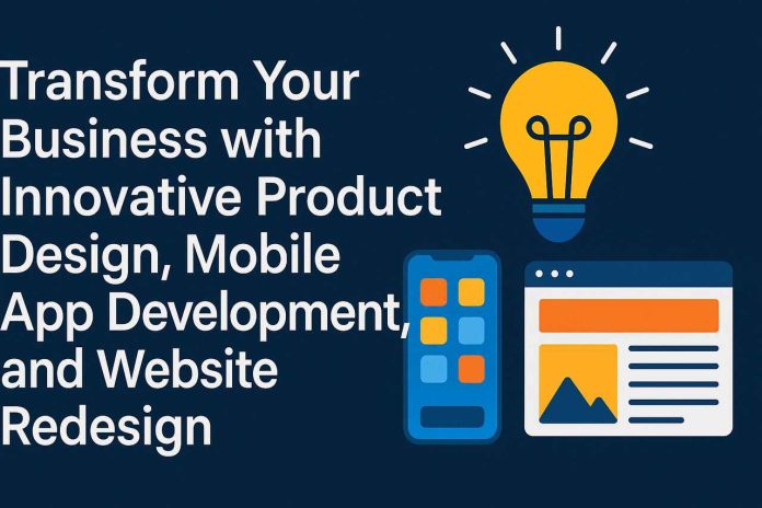 Business innovation icons including a lightbulb, mobile app, and website layout.