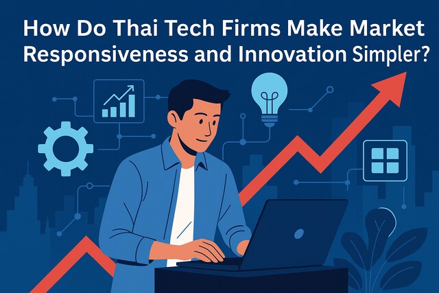 Thai tech professional with innovation icons and growth chart.
