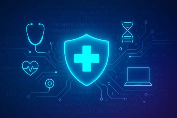 Digital healthcare symbols with glowing medical cross and technology icons.