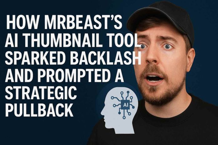 MrBeast reacts shocked, central bold headline on dark background with AI icon.