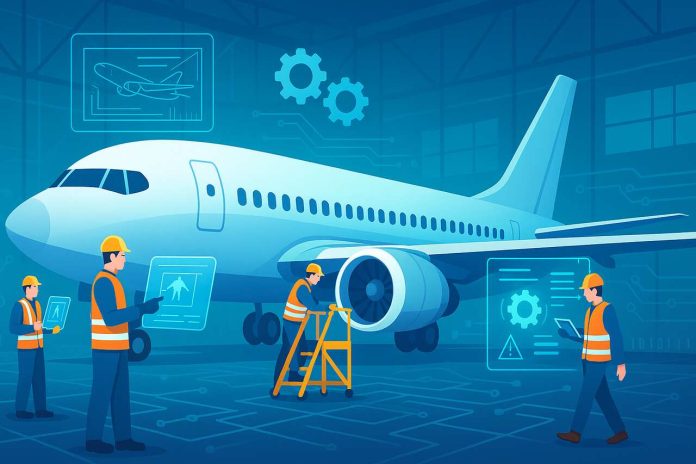 Aircraft maintenance with technicians and digital diagnostic tools in a hangar.