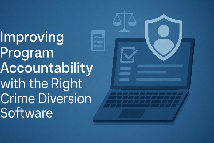 Crime diversion software interface enhancing accountability on laptop screen.