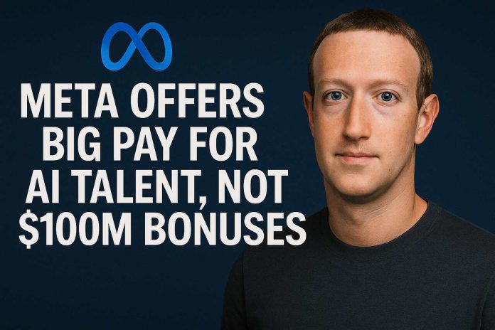 Mark Zuckerberg beside centered headline about Meta AI pay, with Meta logo above.