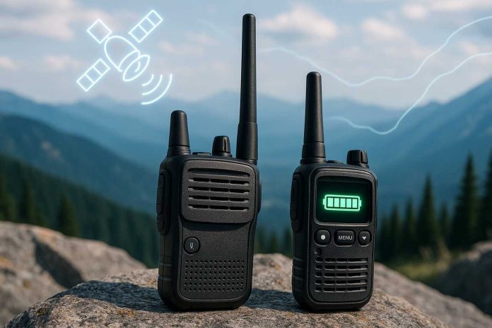 Walkie-talkies on a rock with battery and satellite icons in mountain background.