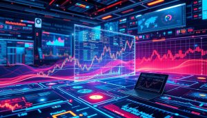 Futuristic stock market graphs with neural network overlay symbolizing ML-driven forecasting.