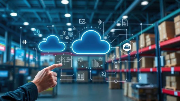 Cloud infrastructure interface in warehouse with digital service icons.
