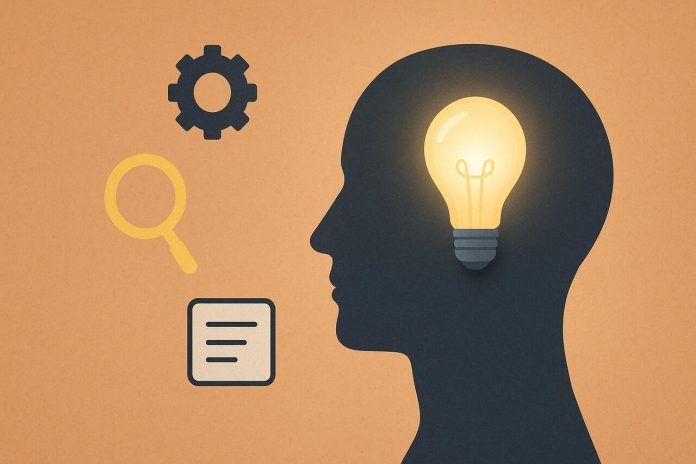 Realistic profile with lightbulb and icons for identifying main ideas.