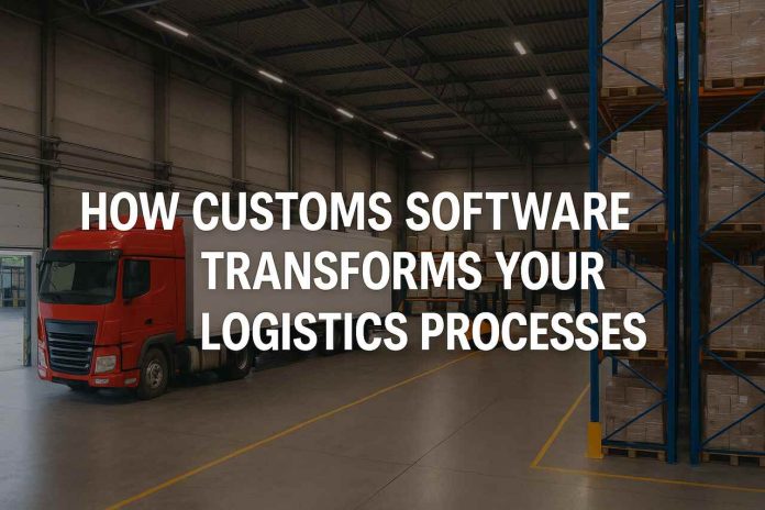 Warehouse scene with truck and centered logistics software headline.