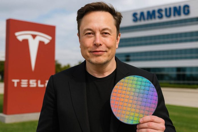 Elon Musk holding a semiconductor wafer with Samsung and Tesla logos in the background.