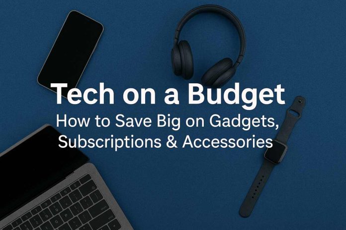 Budget tech setup with smartphone, headphones, smartwatch, and laptop on blue background.