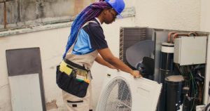 Technician inspecting an outdoor AC unit for vibration issues.