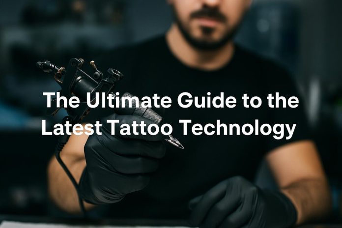 Tattoo artist holding modern tattoo machine in studio.