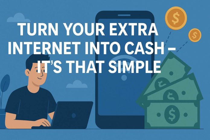 Man turning extra internet into cash using laptop and smartphone.