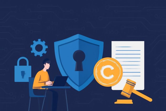 A digital illustration showing a man working on a laptop surrounded by tech symbols like a padlock, gears, copyright symbol, shield, and a legal document. The image blends concepts of cybersecurity and intellectual property.