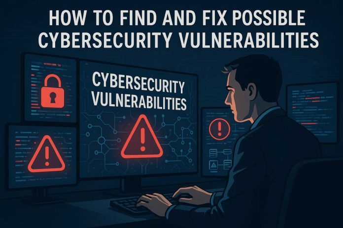 Professional detecting cybersecurity vulnerabilities on multiple digital screens.