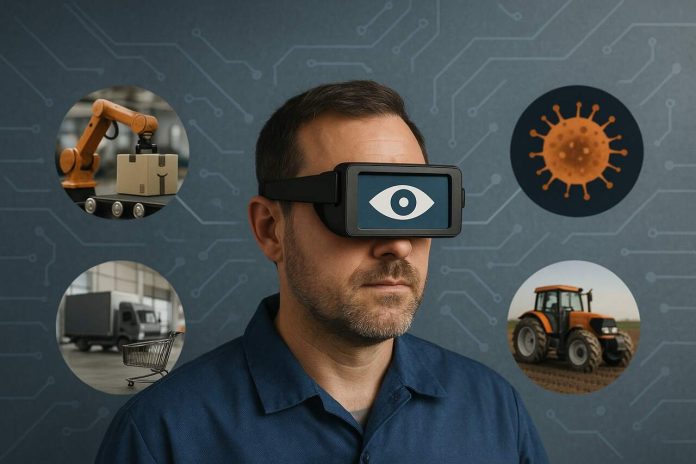 Man wearing Vision AI headset with visuals of major industries in the background.