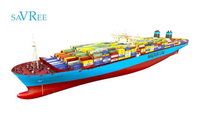3D-rendered Maersk Line container ship loaded with cargo containers.