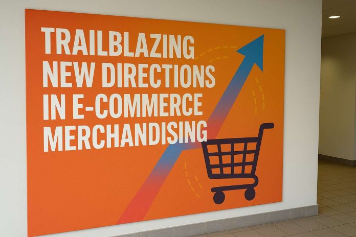 Realistic poster with e-commerce merchandising title, arrow graphic, and shopping cart inside a hallway.