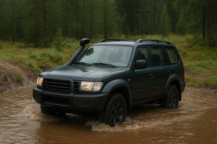 Off-road SUV with a snorkel crossing water.