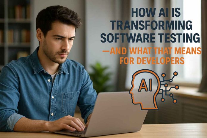 Developer using laptop with AI software testing graphics.