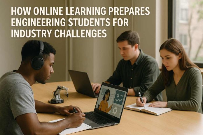 Engineering students using laptops for online learning in a bright, modern workspace.