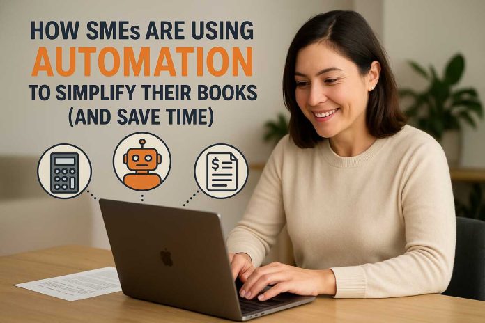 Woman using laptop with automation icons for SME bookkeeping.