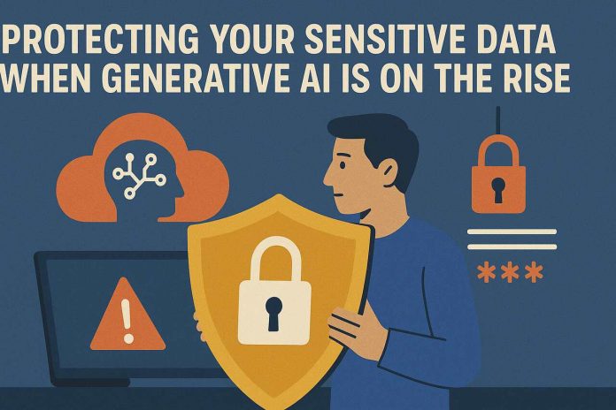 Banner showing man guarding data from AI threats with a padlock shield.