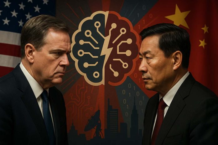 US and China representatives in tense AI face-off with digital brain symbol between them.