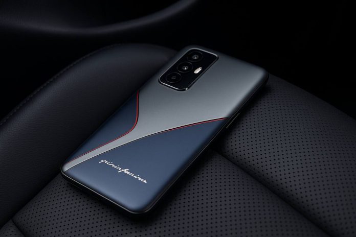 Pininfarina-designed smartphone on black leather car seat