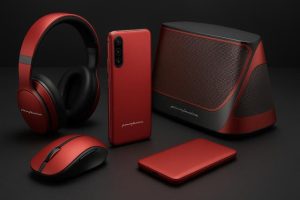 Pininfarina-designed luxury electronics in silver and carbon fiber on a sleek desk.