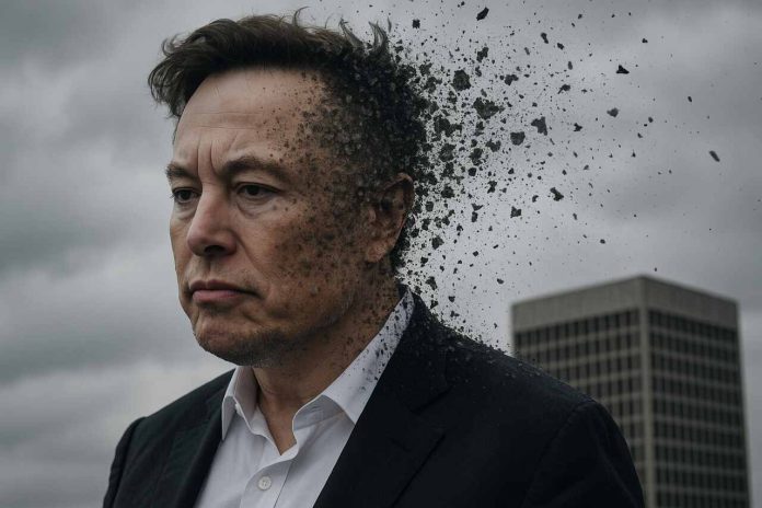 Elon Musk’s face disintegrating into particles against a cloudy backdrop.