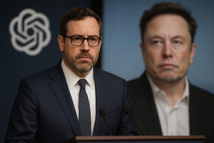 OpenAI spokesperson addressing Elon Musk lawsuit at press event.