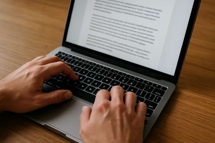 Hands typing on a MacBook showing writing in progress.